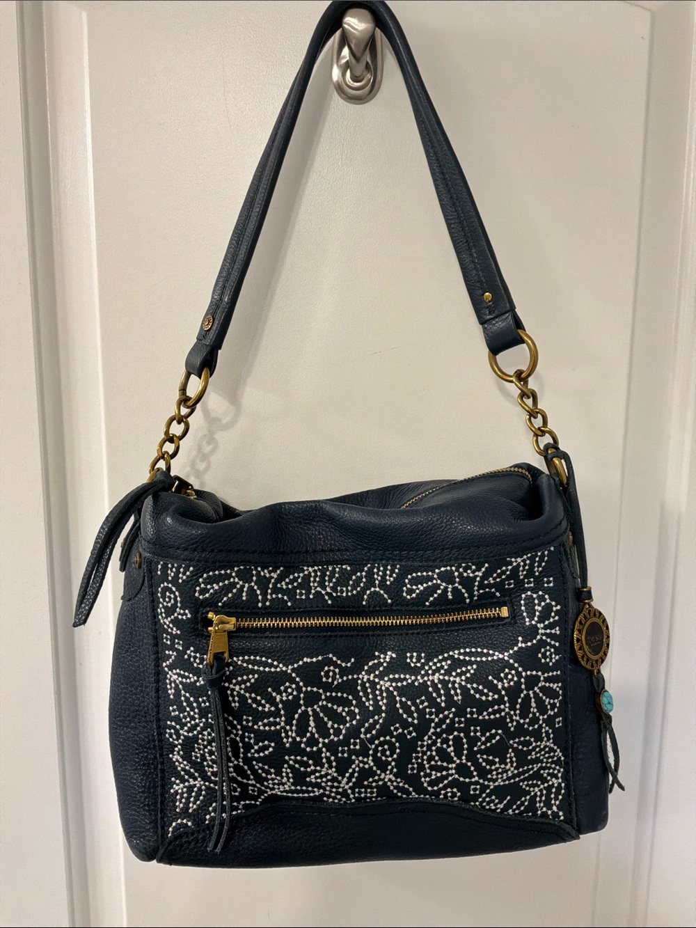 The Sak Navy Floral-Embroidered Leather Shoulder Bag